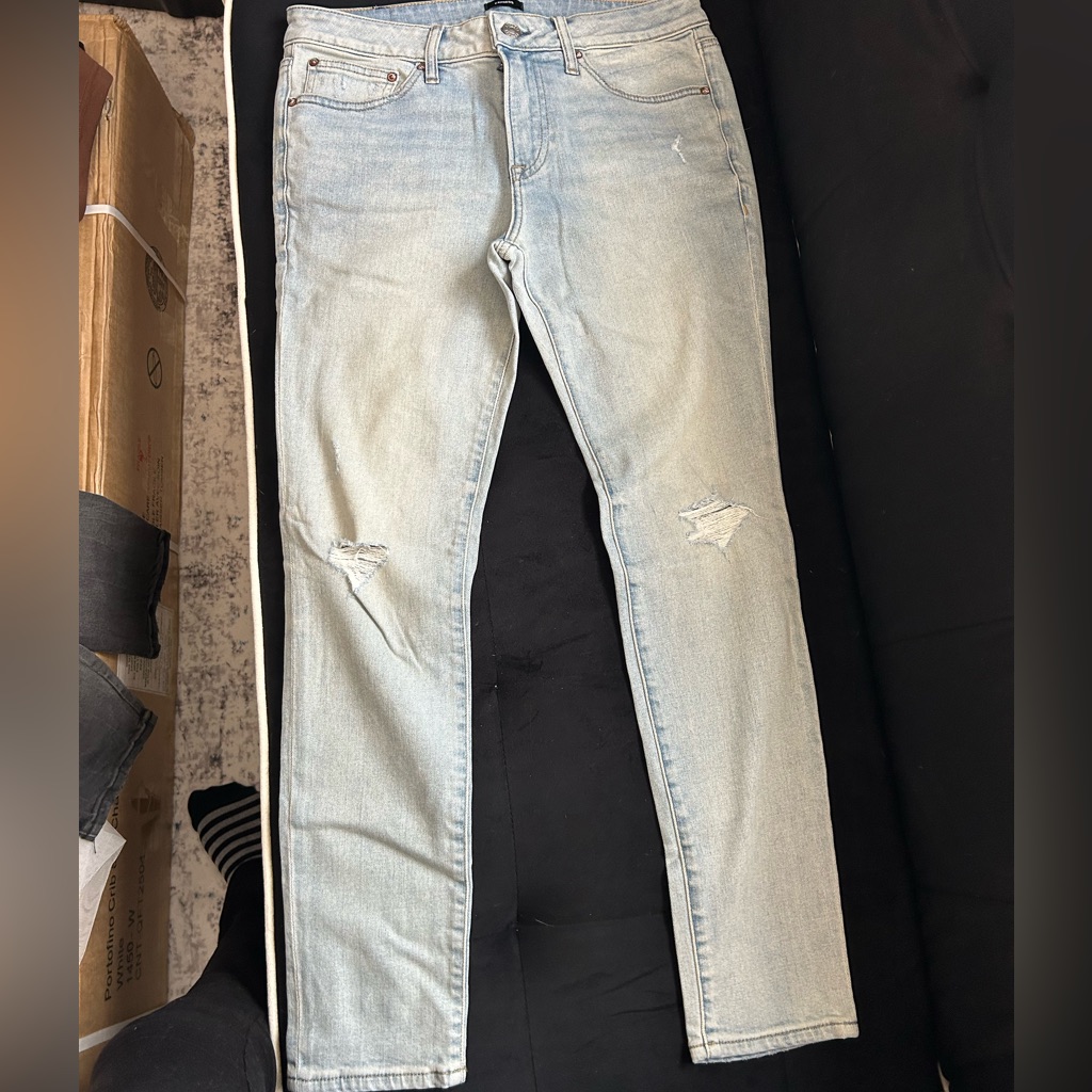 Express Light Blue Denim Jacket With Black Leather Patch